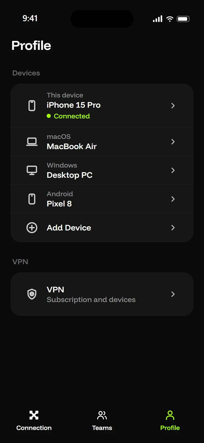 The Profile tab of the vploq VPN app with sample devices: an iPhone shown as connected, a MacBook Air, a Windows PC, an Android phone and an Add Device row.