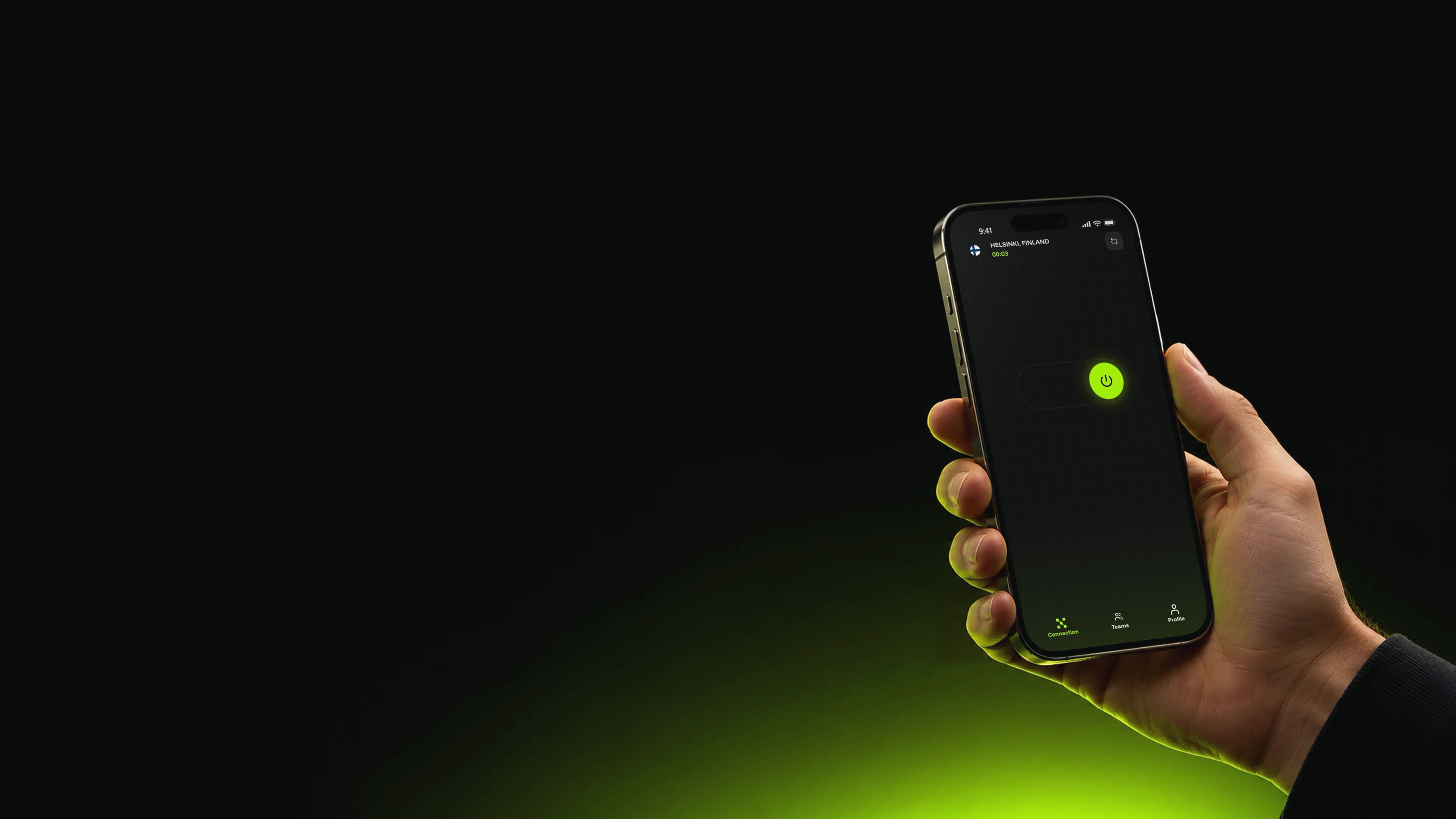 A hand holds a phone running the vploq VPN app, connected to Helsinki, Finland.