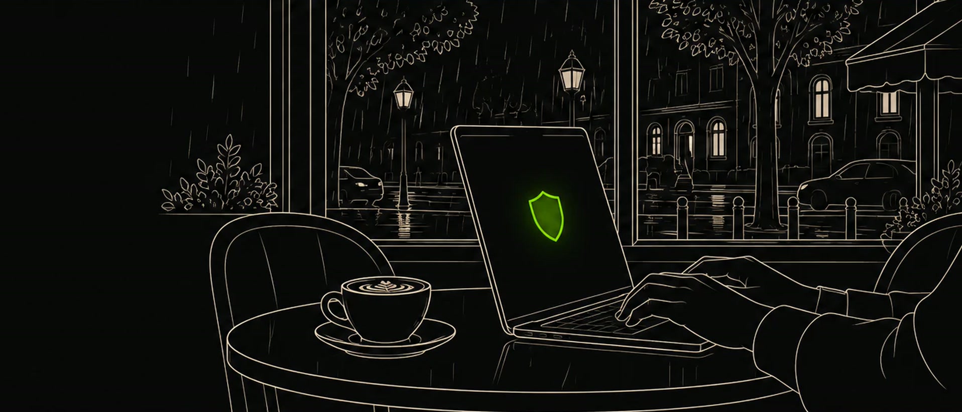 Line drawing: hands on a laptop at a café table by a rainy window, a shield on the screen, a cappuccino beside it.