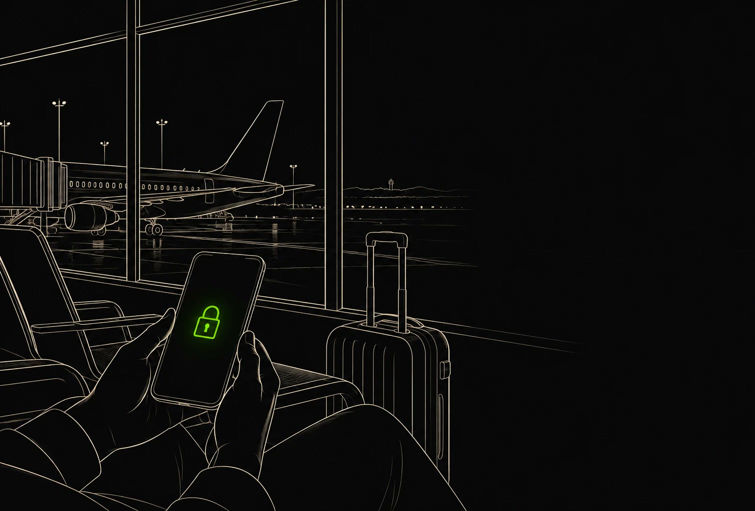 Line drawing: at an airport gate, hands hold a phone with a padlock on the screen, a suitcase beside the seat, a plane outside.