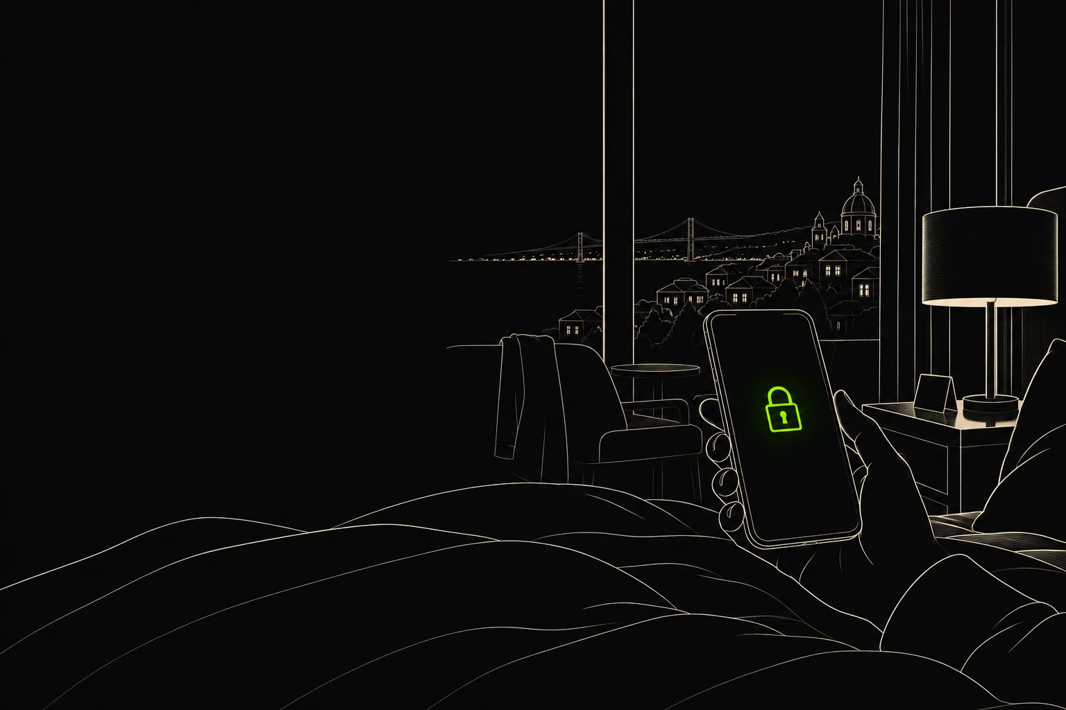 Line drawing: a hand holds a phone in a hotel bed at night, a padlock on the screen, the city lights behind the window.